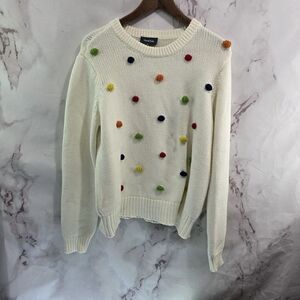 Modcloth Sweater Womens Large White Red Pom Puff Rainbow Blowing Bubbles Mod